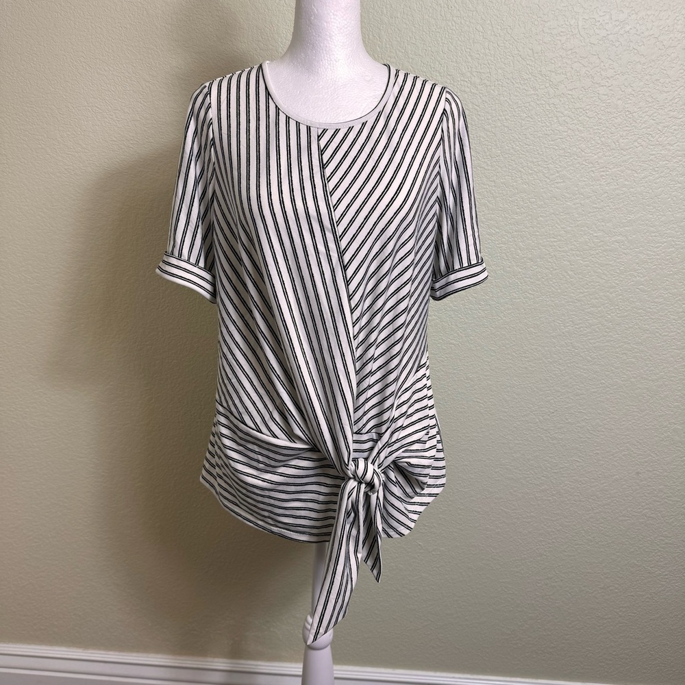 Perception Concept Women's Blouse Top White with‎ Black Stripes Size S Tie Waist